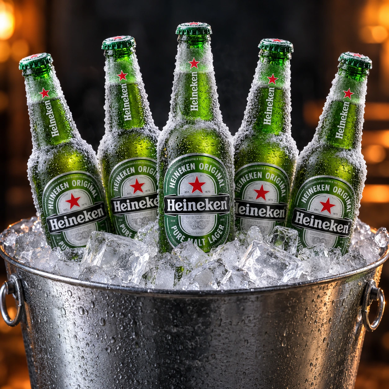 Garrafas de Heineken cheias e tampadas, cobertas de gelo branco em balde de gelo